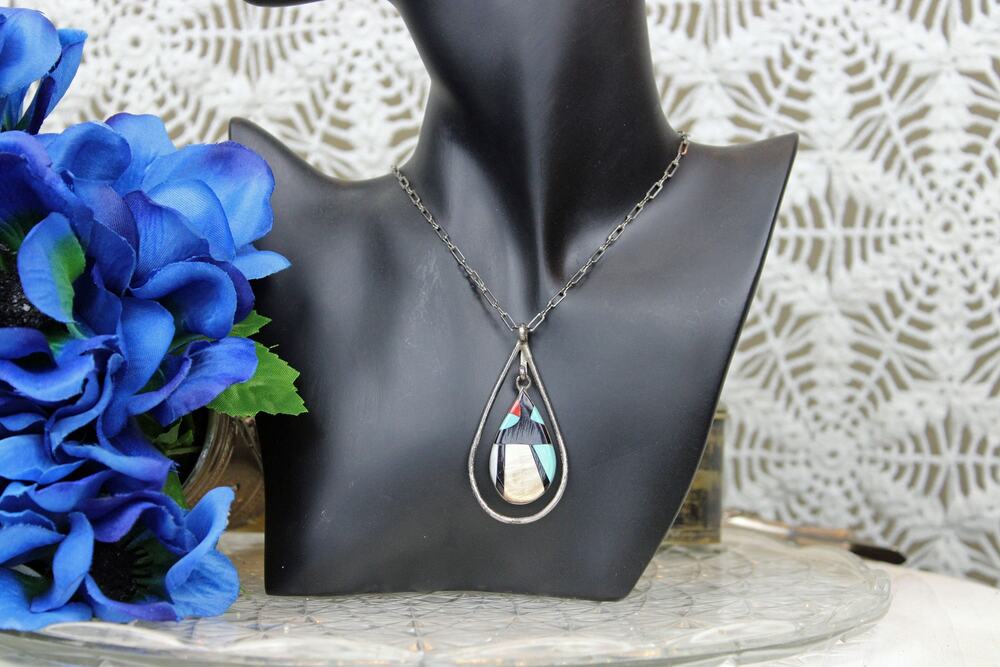 R.E.G.T Zuni Sterling Silver Inlay Tear Drop Pendant Necklace